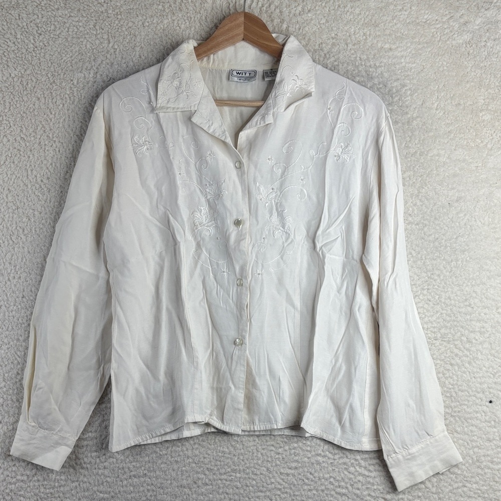 WITT Womens Cream Embroidered Classic Collar Long Sleeve Button Up Shirt Size 10